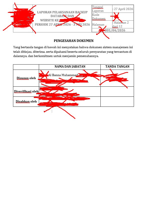 Contoh keluaran generate: Pengesahan dokumen (LAPORAN PELAKSANAAN BACKUP DATABASE DAN WEBSITE)